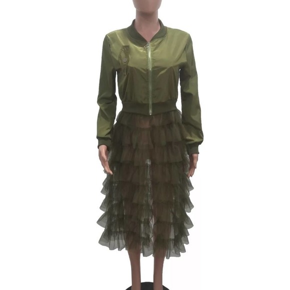 NWT Spring latest fashion dress mesh ruffle zip long jacket- Green 1X/Large - Picture 3 of 4